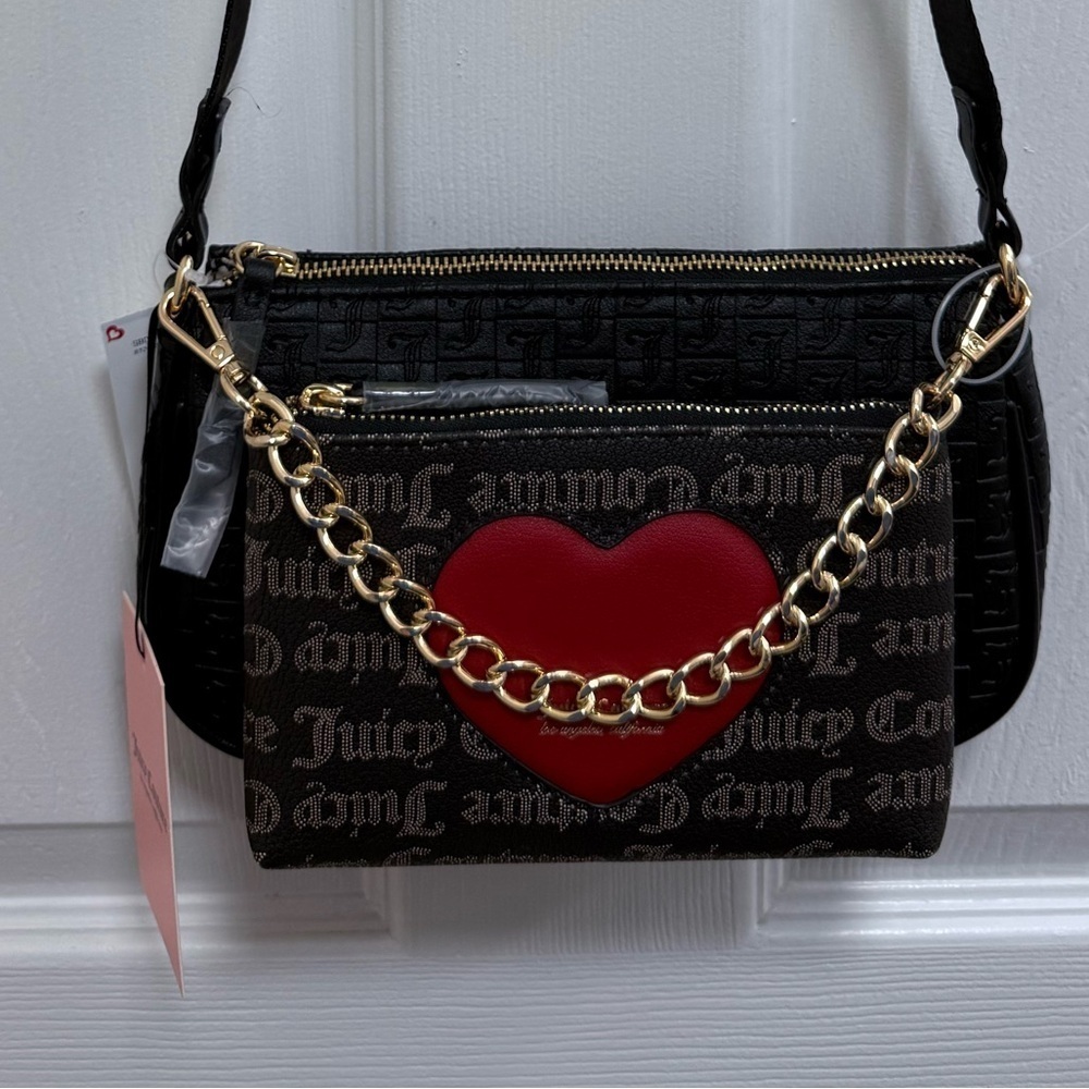 NWT Juicy Couture Double Trouble II Crossbody Bag Heart and Gold Chain